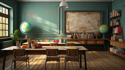 An empty classroom with desks and a blackboard, ideal for educational and learning-related concepts