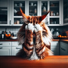 A broken cat sits at the kitchen table. The redheaded Maine coon makes a facepalm gesture. Meme cat illustration. Digital art. - obrazy, fototapety, plakaty