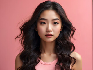 Fototapeta premium A beautiful young Asian woman with clean, fresh skin and free hair is enjoying the freedom against a pink background.