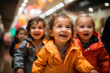 Happy little kids explore the wonders of a vibrant shop designed just for them. Their faces light up with joy as they discover a world filled with toys and delights.