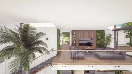 Fotobehang 3d rendering of expensive cozy interior with green walls with living dining zone stair and kitchen for sale or rent. Spacious apartments with expensive furniture, equipment and flowers © korisbo