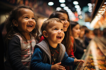 Happy little kids explore the wonders of a vibrant shop designed just for them. Their faces light up with joy as they discover a world filled with toys and delights.