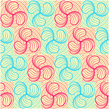 vector pattern illustration of a diagonally arranged group of hearts, each with three pink stripes rotating around each other with light blue and pink seamlessly connecting, with a light yellow backgr