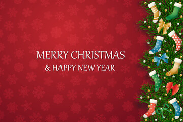 Christmas banners with decorated branches. With snow on a red background. Festive header design. Concept for holiday, winter holidays, New Year, Christmas