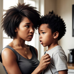 Afro-American woman reprimands son for bad behavior.  Mom and son fighting, a woman scolds her child's strict upbringing.