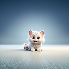white kitten sitting on the white background, cartoon style