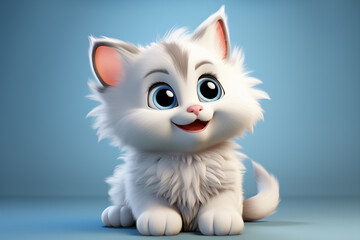 cute white kitten with blue eyes on blue background