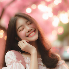 Fototapeta na wymiar A girl lost in happy daydreams, her smile reflecting a world of positivity. Set her against a dreamy and soft pink background to enhance the feeling of warmth and contentment.