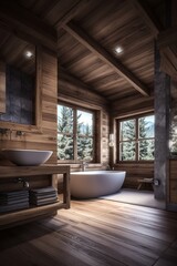 Stylish interior of bathroom in modern Swiss chalet.