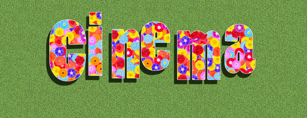 word Cinema, text written with colorful flowers on green background, graphic design, illustration