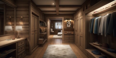 Large wardrobe interior with wooden furniture in modern Swiss chalet