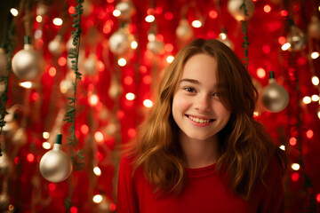 Yuletide Happiness: Cheerful Girl and Festive Ornaments