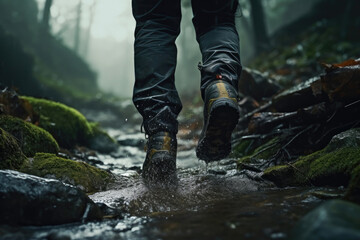 Wet Path Ascend: Hiker's Boot Journey