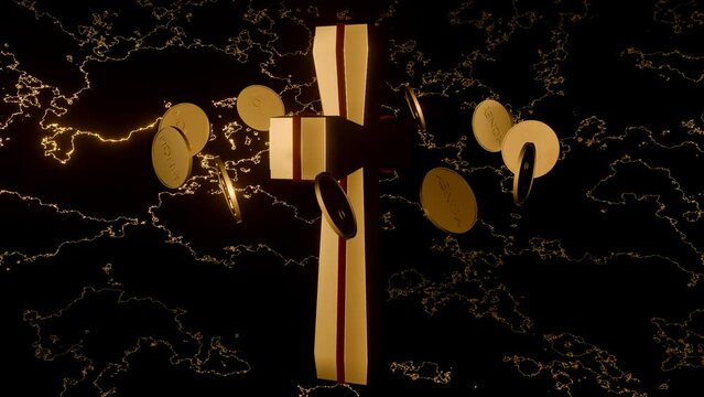 A 3D animation of golden coins rotates over a golden cross on a kintsugi texture background.