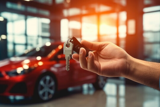 Close up of a person holding car keys in modern auto salon. Car buying concept