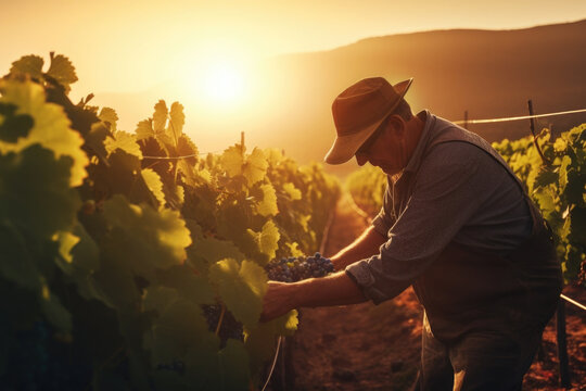 An older man harvesting grapes in his vineyard at sunset