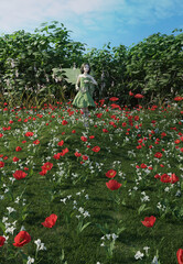 Fairy in a Green Dress Dancing in a Poppy Field, 3d digitally rendered fantasy illustration 
