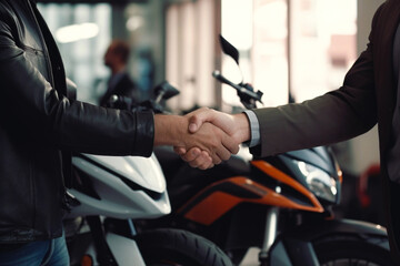 Happy customer shaking hands with sales agent after a successful motorcycle buying - obrazy, fototapety, plakaty