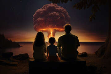 Back view of family sadly awaits their end together, watching explosion of atomic bomb. Nuclear war apocalypse concept. 