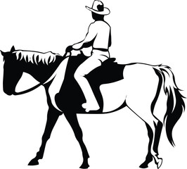 Cartoon Black and White Isolated Illustration Vector Of A Cowboy Riding A Horse Wearing a Stetson