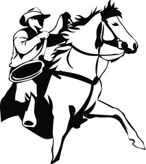 Cartoon Black and White Isolated Illustration Vector Of A Cowboy Riding A Horse Wearing a Stetson
