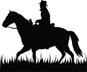 Cartoon Black and White Isolated Illustration Vector Of A Cowboy Riding A Horse Wearing a Stetson