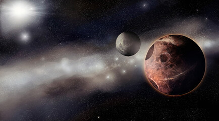Moon orbits red planet in outer space, with thousands distant stars in background, science fiction space illustration