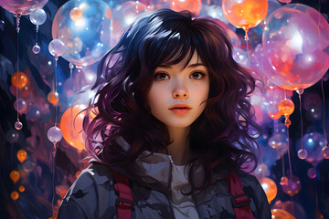Portrait of a beautiful girl purple dyed hair decorated with flowers. Illustration