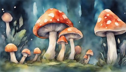 Magic mashroom watercolor art illustration - obrazy, fototapety, plakaty