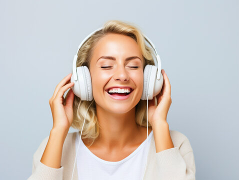Happy woman listening to music portrait on isolated background - ai generative
