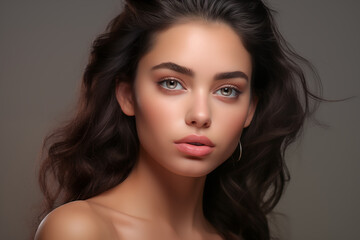 Fototapeta premium Attractive Brunette Content with Lip Augmentation at Cosmetic Clinic, Grey Backdrop.