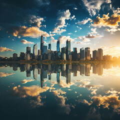 A city skyline reflected in a glassy lake