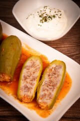 RECIPE FOR LEBANESE-STYLE MINI ZUCCHINI STUFFED WITH RICE AND BEEF IN A TOMATO SAUCE, High quality photo