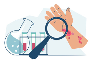 Psoriasis, dermatitis and eczema skin diseases test. that Medical tests and diagnosis of skin conditions for treatment of psoriasis, dermatitis and eczema, vector illustration isolated on white.