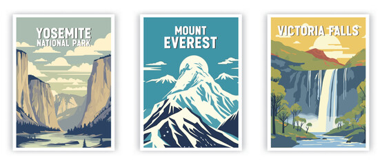 Yosemite, Mount Everest, Victoria Falls Illustration Art. Travel Poster Wall Art. Minimalist Vector art. - obrazy, fototapety, plakaty