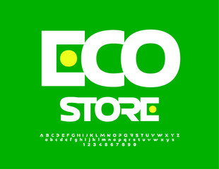 Vector trendy flyer Eco Store. Unique stylish Font. Artistic Alphabet Letters and Numbers.
