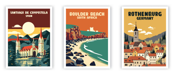 Santiago de Compostela, Boulder Beach, Rothenburg Illustration Art. Travel Poster Wall Art. Minimalist Vector art. - obrazy, fototapety, plakaty