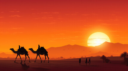 Nomadic Travels: Camel Caravan in Desert with Orange Sunset Backdrop