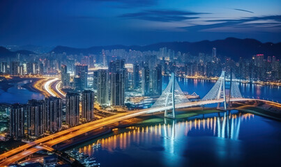 Aerial View of Busan's Gwangan Daegyo Bridge - Architectural Splendor Connecting City and Sea.
