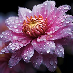 A close-up of raindrops on a blooming flower.