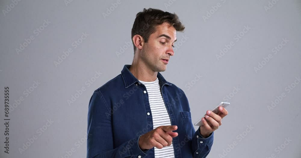 Poster Man, typing and phone call in studio with smile for conversation, communication or networking. Person, smartphone and scroll with happiness for discussion, talking or texting on gray background