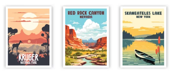Gordijnen Kruger, Red Rock Canyon, Skanteles Lake Illustration Art. Travel Poster Wall Art. Minimalist Vector art. © Duy