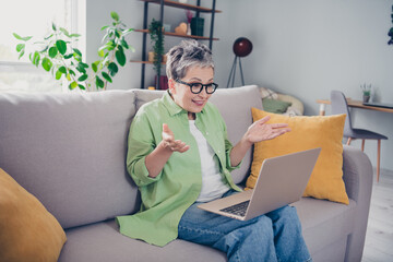 Photo of clever positive woman wear green shirt with jeans looking laptop camera distance meeting...