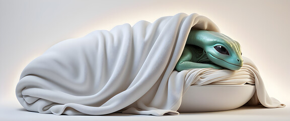 A small, green alien with a sleek body is trying to sleep under a blanket, Generative Ai - obrazy, fototapety, plakaty
