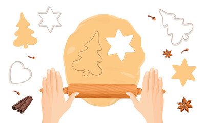 Baking Christmas cookies. Hands making dough for gingerbread. Form for cutting gingerbread, rolling pin and spices isolated on white background. Vector cartoon illustration.