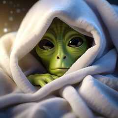 The alien with big black eyes has a sad expression with his head covered with a blanket, longing for home, Generative Ai