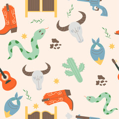 Wild west seamless pattern with snake, cactus, cow skull, boots