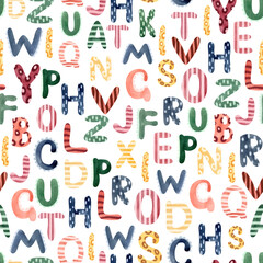 Alphabet background. Watercolor drawing of colored letters on white. Children's school decoration. Cartoon jungle font. Packaging and fabric design.