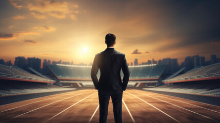 Businessman at Starting Line, Focused on Future Ambitions
