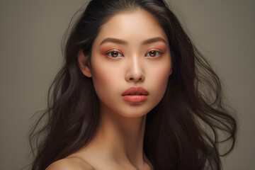 Serene Asian Woman Pleased with Lip Augmentation Results, Grey Studio Backdrop